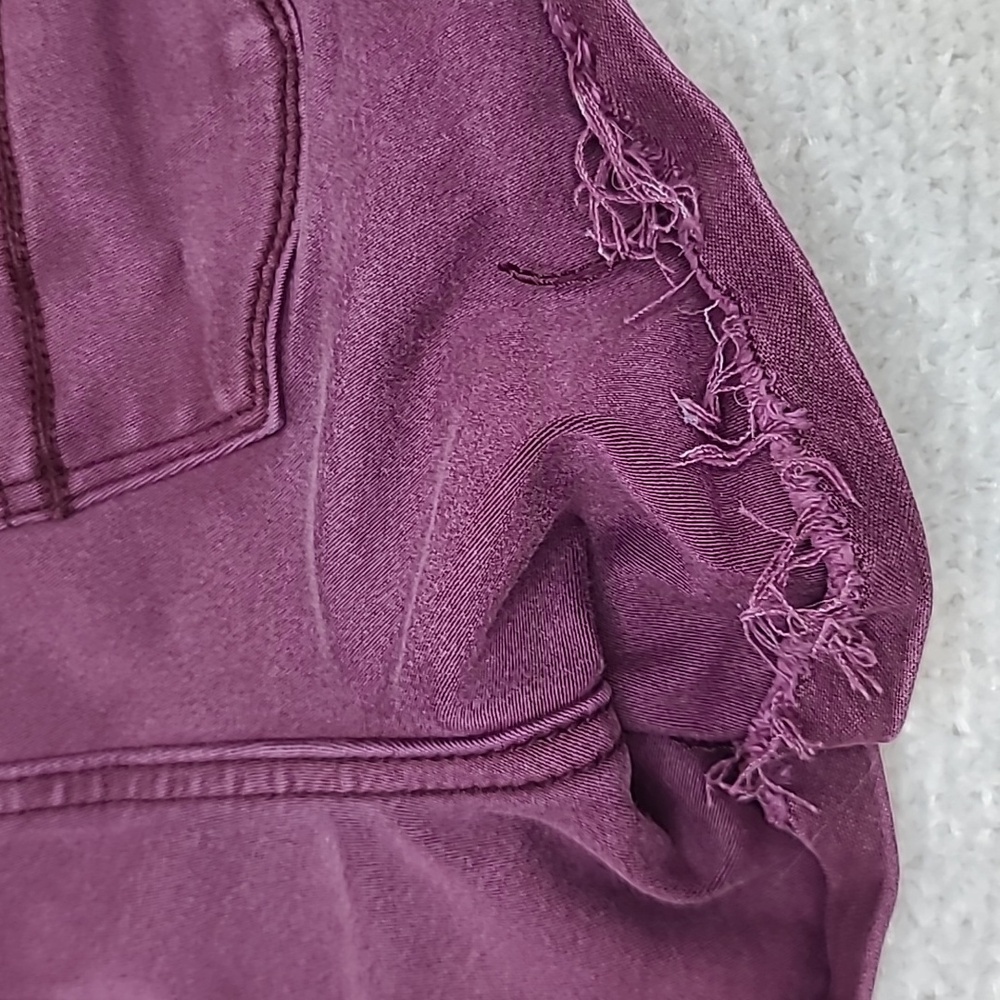 AE Next Level Low Rise Cuffed Raw Hem Cotton Denim Shortie Shorts in Burgundy - Picture 16 of 17